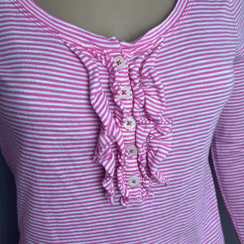 Long sleeve cotton stripe ruffle Henley scoop neck T-shirt Barbie Barbiecore - Picture 13 of 15